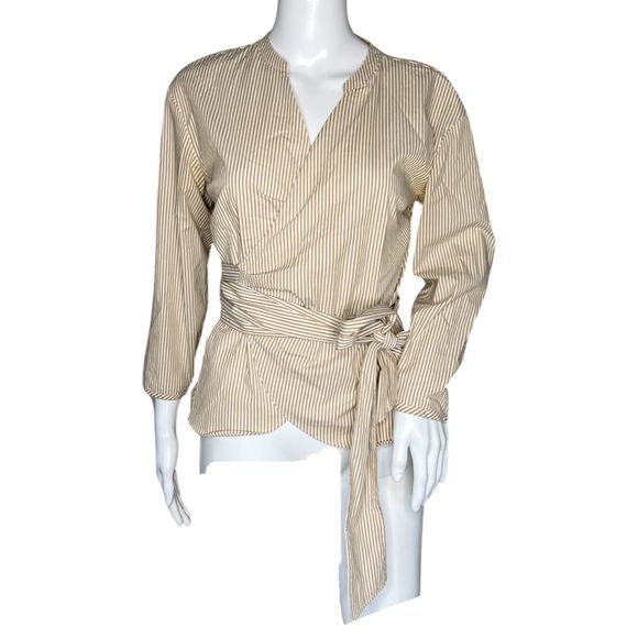 J. Crew Shirt Women Small Petite Wrap Blouse Brown Stripe Mandarin Collar Belted - Picture 1 of 6